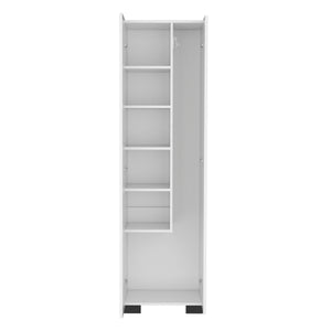 English Elm Broom Slim Double-Door Cabinet with Shelves & 3 Side Hangers, White Engineered Wood Storage B097S00188