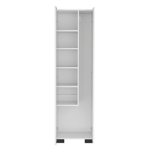 English Elm Broom Slim Double-Door Cabinet with Shelves & 3 Side Hangers, White Engineered Wood Storage B097S00188