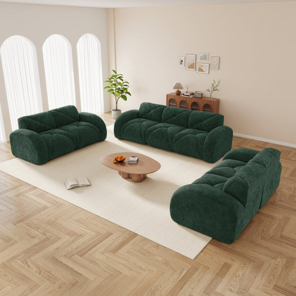 English Elm 3 Piece Velvet Cloud Sofa Set Tufted Plush Living Room Modular Seating Collection Green W714S01642