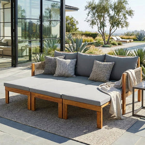 English Elm Outdoor Acacia Wood Dining Set Seats Six with Cushioned Armrest Chairs for Patio Grey,Natural Wood N719Z000220E