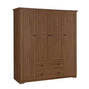 English Elm 4 Door Wardrobe Armoire Closet with 2 Drawers Rustic Pine & MDF Storage Cabinet with Shelves and Hanging Space Brown N7090001842D