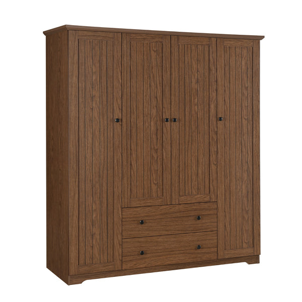 English Elm 4 Door Wardrobe Armoire Closet with 2 Drawers Rustic Pine & MDF Storage Cabinet with Shelves and Hanging Space Brown N7090001842D