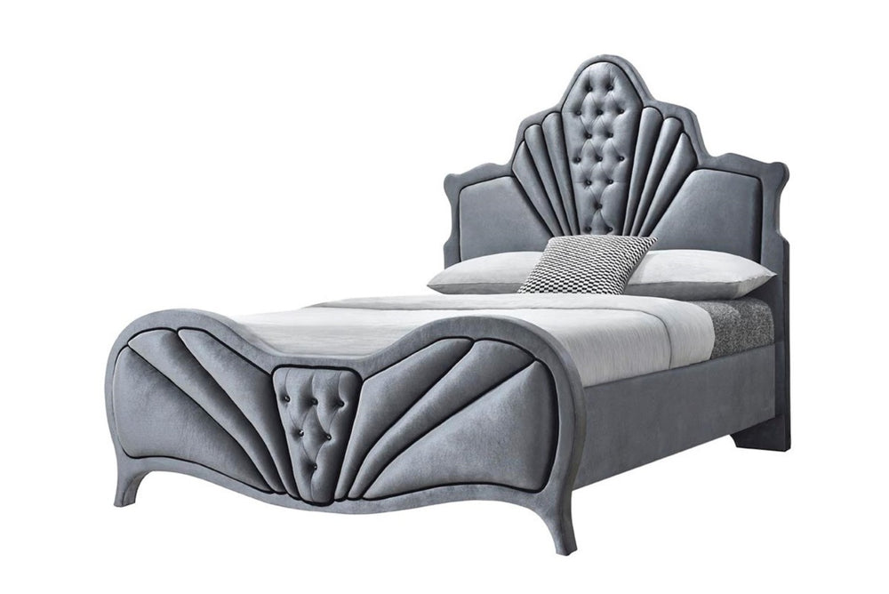 English Elm Dante Gray Velvet Queen Bed with Crystal Tufting, Padded Headboard, 13 Slats & Chrome Legs B2726S00285