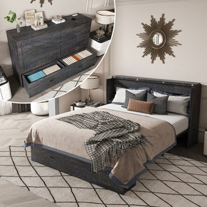 English Elm 57 Inch Murphy Bed Cabinet with Storage Drawers Charging Station and Rolling Casters Carbon Black W509S00157
