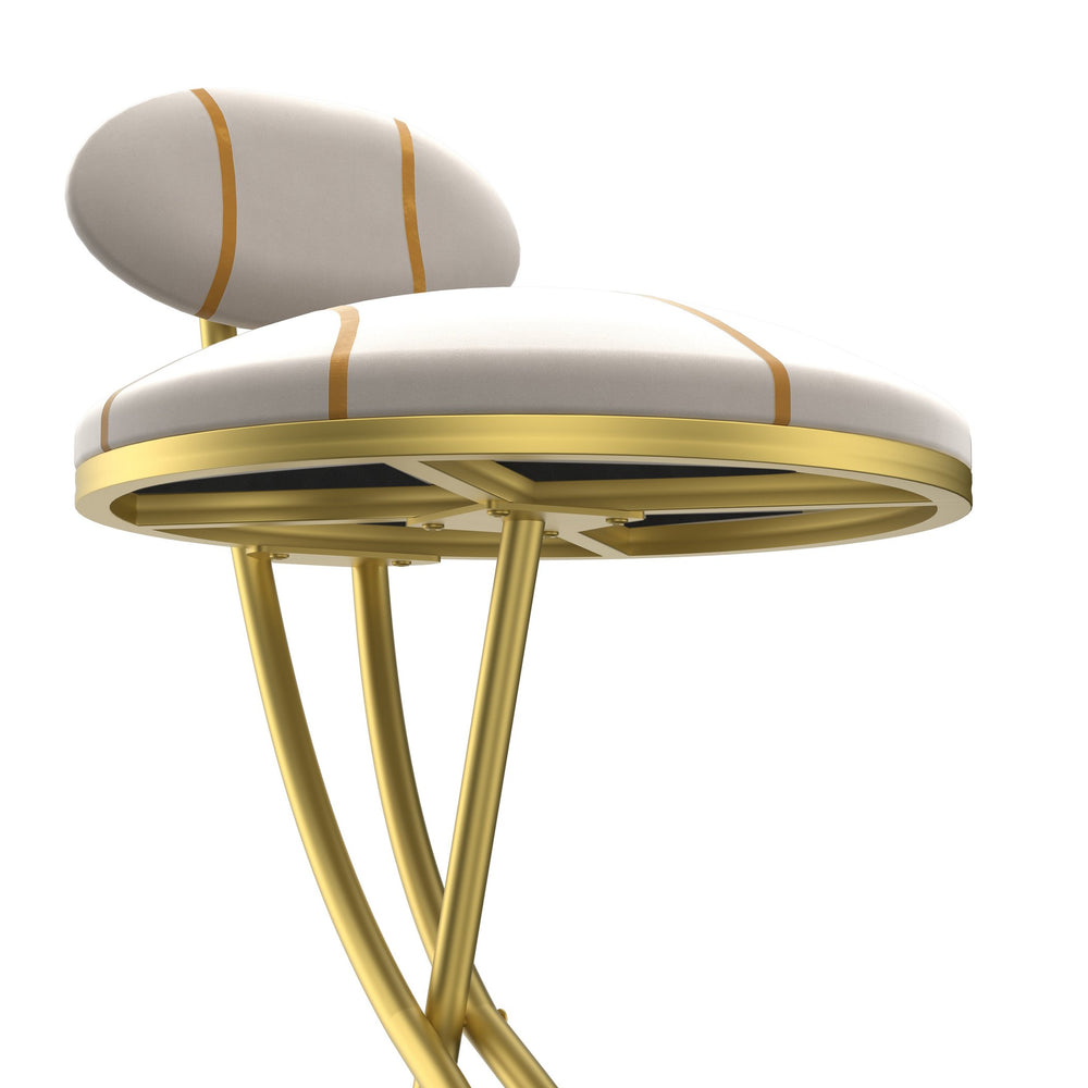 English Elm Round Velvet Counter Stools Set of 2 — Gold Stripe Upholstered Padded Seat with Footrest, 27.95" high W1757P345494