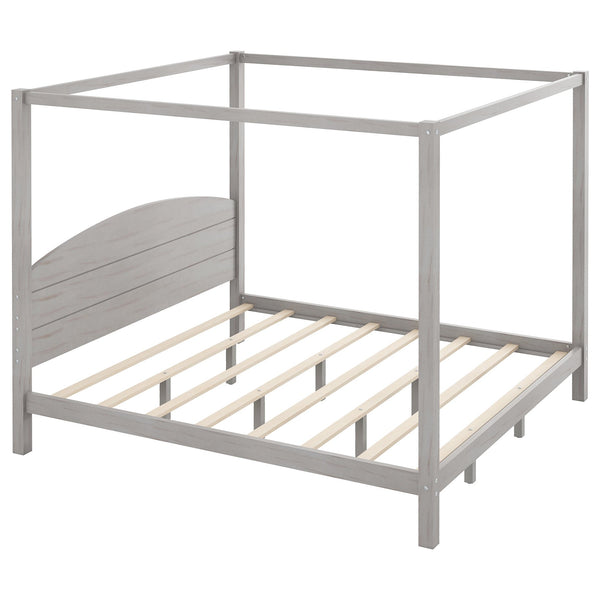 English Elm King Canopy Platform Bed with Headboard and Support Legs — Modern Pine Wood Frame, Sturdy 650lb Capacity Grey WF309291AAE