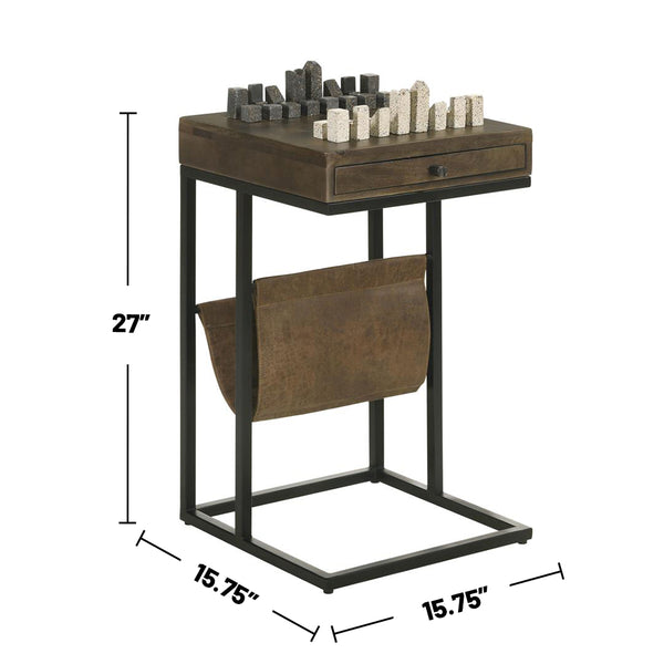 English Elm 1 Drawer Side Table with Leatherette Sling Tobacco Rustic Chessboard Top, Iron Frame, Drawer Storage B016P384808