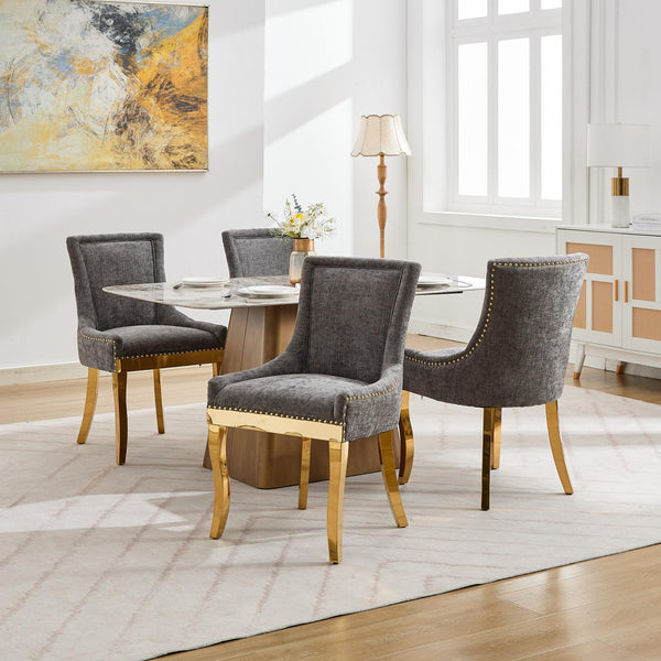 English Elm Chenille Plush Dining Chair with Curved Gold-Plated Legs, Rivet Trim, Textured Upholstery Comfort Gray W1143P332686