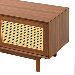 English Elm 78 Inch Rattan Media Console with Rubberwood Legs Walnut Finish Living Room Storage N710P407810P