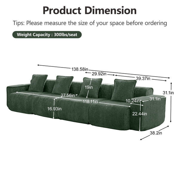 English Elm Streamlined Velvet Modular Sofa Four Seat Deep Cloud Foam French Piping Living Room Green W3041S00368