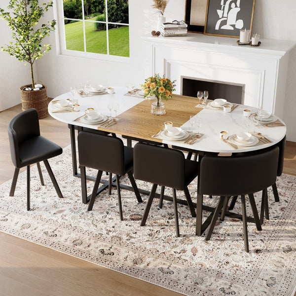 English Elm 9-piece Oval Dining Set with Faux Marble Wood Top and Eight Black Pu Leather Chairs W3875S00151