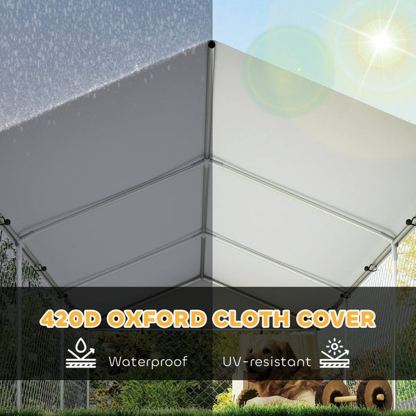 English Elm Large-sized Galvanized Steel Outdoor Dog Kennel with Oxford Fabric Weatherproof Roof T3971S00100