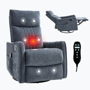 English Elm Blue Fabric Swivel Rocker Recliner with Massage Heat Nodes for Living Room Comfort Blue W1803P321823