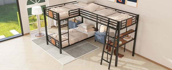 English Elm L-Shaped Twin Over Twin Bunk Bed with Loft Desk & Shelves, Brown Metal+MDF, Sturdy Sleep Solution GX001110AAD