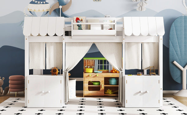 English Elm Full Loft Bed With Bookshelf & Storage - Amusement Park Design, Safety Guardrails, Cozy White Finish W1580S00358