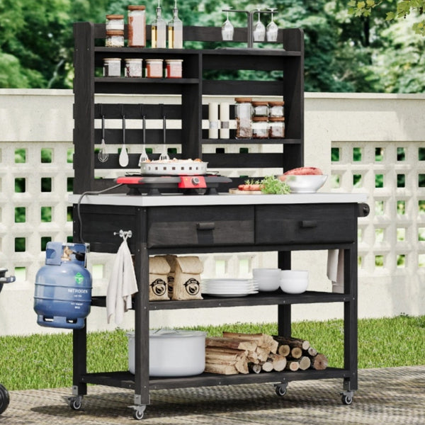 English Elm K&K 64.9" Outdoor Potting Bench with 1.2" Stainless Steel Top, Lockable Wheels, Hutch & Drawers Black N707P228274B