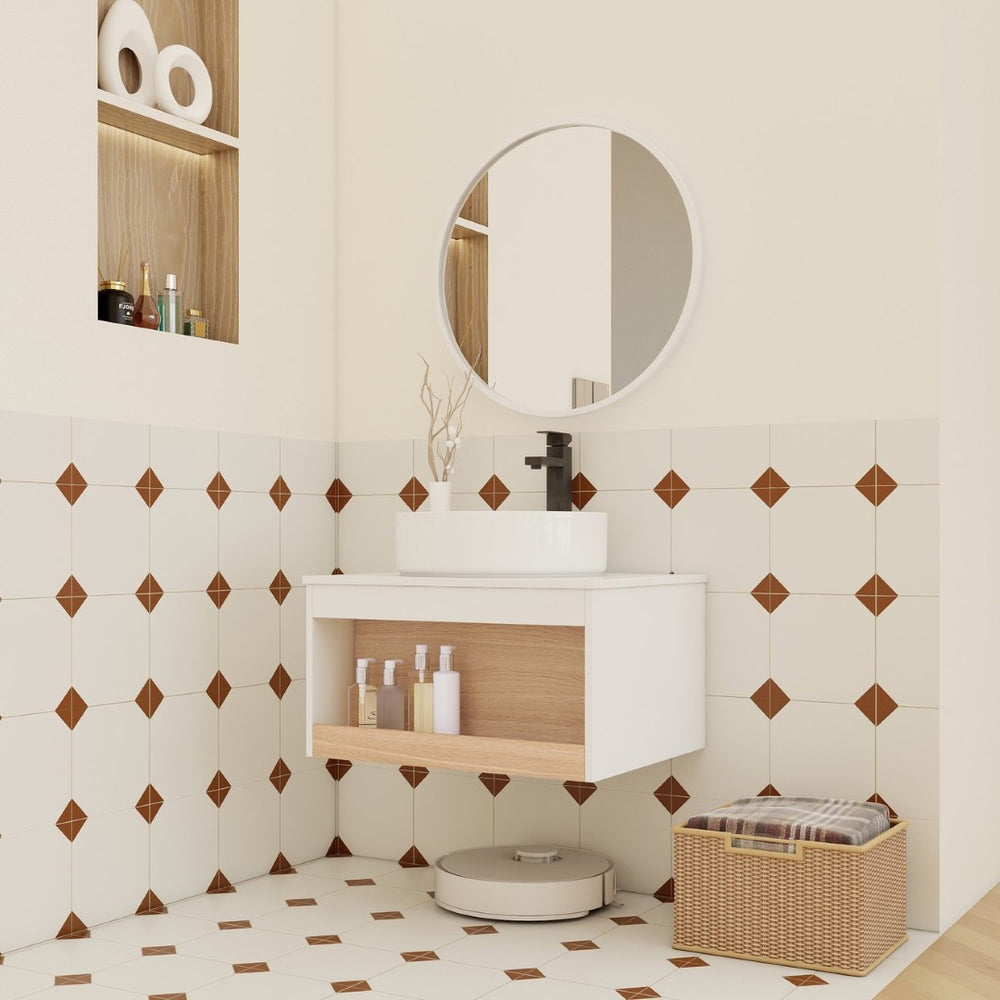 English Elm 24" Floating Oak Plywood Bathroom Vanity Set with Glossy Resin Sink Scandinavian Style W3450S00051