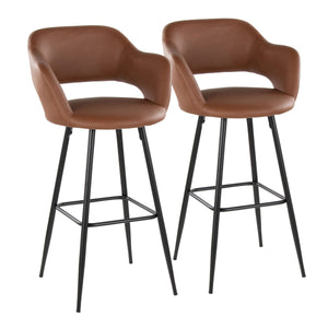 English Elm Margarite Contemporary 30" Fixed-Height Barstool with Ergonomic Cutout Back, Faux Leather Seat and Square Metal Footrest - Set of 2 Brown B202S00622