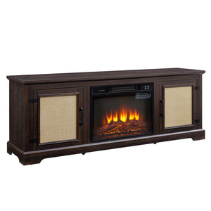 English Elm Natural Rattan TV Stand Console with Fireplace Insert, 65" Wide Entertainment Center, Adjustable Shelves, Cable Management, Boho Midcentury Blend Espresso W1758S00023