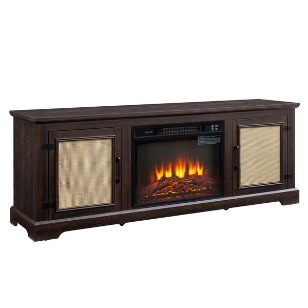 English Elm Natural Rattan TV Stand Console with Fireplace Insert, 65" Wide Entertainment Center, Adjustable Shelves, Cable Management, Boho Midcentury Blend Espresso W1758S00023