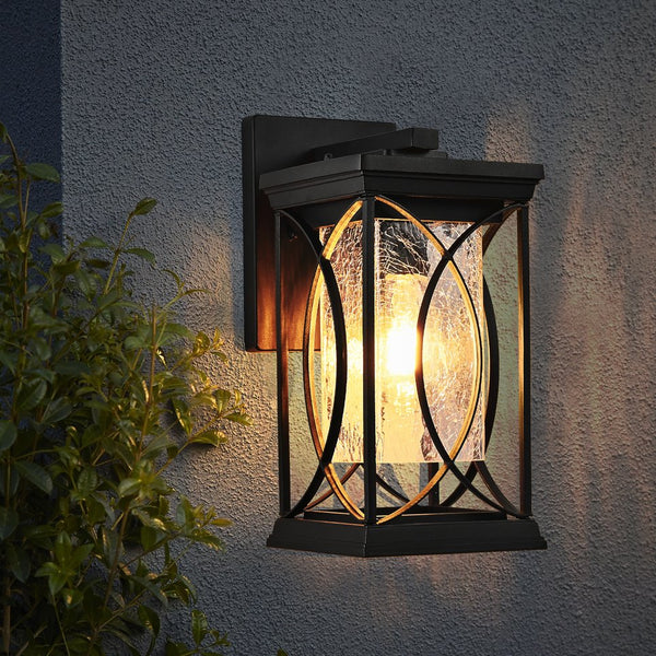 English Elm 14"(H) Black Outdoor Wall Lantern with Crackled Glass - Weatherproof Modern Porch Sconce, E26 Ready, Durable Metal Frame W2312P374978