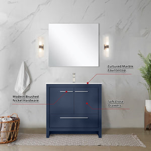 English Elm Navy Blue Bath Vanity Set With Cultured Marble Top, Brushed Nickel Faucet & Matching Mirror, 36" W B2731S02068