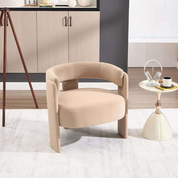 English Elm Accent Chair Velvet Upholstered Mid Century Modern Seat with Tapered Wood Legs for Any Room Khaki W3244P417179