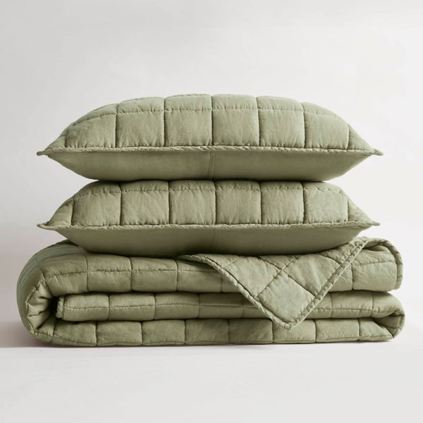 English Elm 3-piece French Linen Quilt Set King Garment Washed Box Stitch Breathable Bedding Olive Green B035P408302