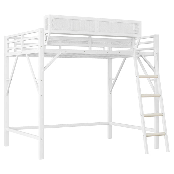 English Elm Full Size Loft Bed with Ladder and Built-In Shelves, Sturdy Metal High Loft for Kids Teens 54" White W2580P379995