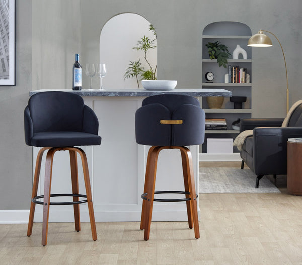 English Elm Fixed-height Mid-century Barstools with Walnut Legs and Grey Upholstered Seats Set Black B202S01904