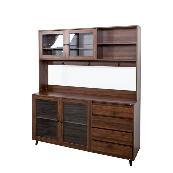 English Elm 63" Large Kitchen Hutch Cabinet with Microwave Shelf, 4 Doors & Drawers, Cable Management Storage Walnut W331S00171