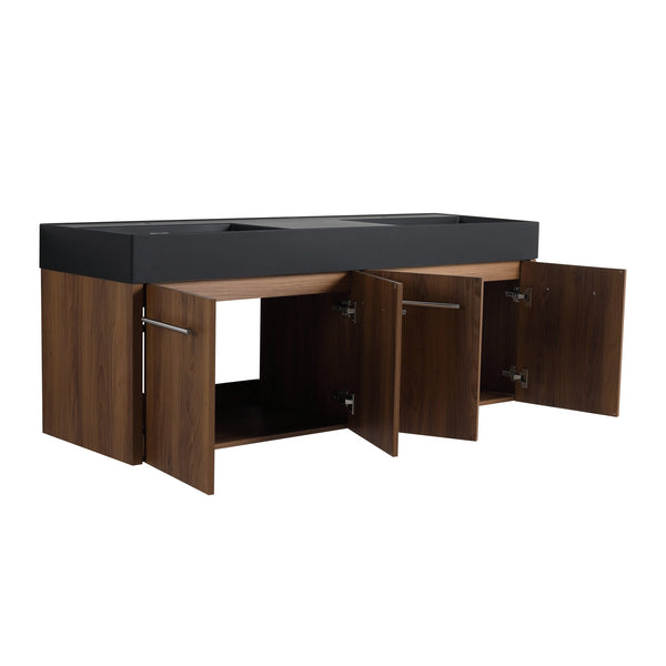 English Elm 60 Inch Wall-Mounted Bathroom Vanity With Double Black Resin Sink For Modern Elegance & Functionality W999S00251