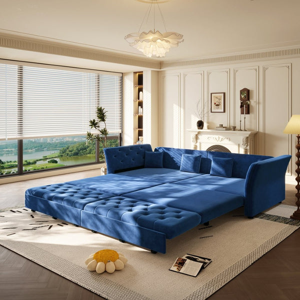 English Elm 100" Oversized Velvet Sleeper Sofa with Floral Tufted Cushions for Living Room Blue W1885S00303