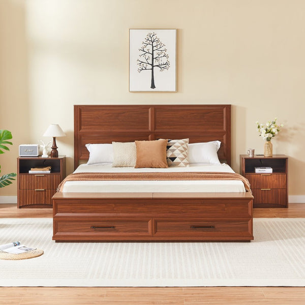 English Elm Queen Storage Bed with Geometric 3d Headboard Four Drawers and Walnut Finish W1820S00056