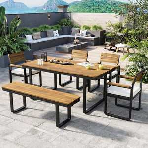 English Elm 6-piece Outdoor Acacia Wood Patio Dining Set with Cushioned Chairs Bench Steel Frame Beige N704G201255A