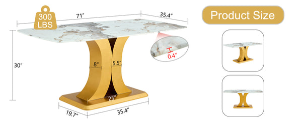 English Elm A modern minimalist dining table with imitation marble glass top, gold MDF legs, easy assembly, durable elegance W1151S01193