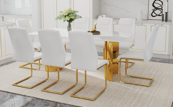 English Elm Table And Chair Set - Elegant Glass Top With Imitation Marble, Gold Legs, 8 Comfortable Pu Chairs W1151S04346-GIGA