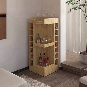 English Elm FM Corner Bar Cabinet with 8-Bottle Rack, Open Display Shelves and Hidden Storage for Home Entertaining Natural Wood 51.2 L x 23.2 W x 4.7 H B128P269883