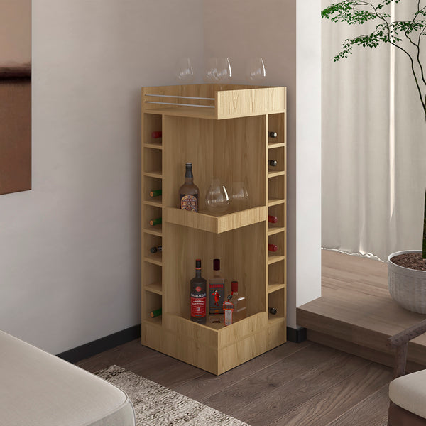 English Elm FM Corner Bar Cabinet with 8-Bottle Rack, Open Display Shelves and Hidden Storage for Home Entertaining Natural Wood 51.2 L x 23.2 W x 4.7 H B128P269883