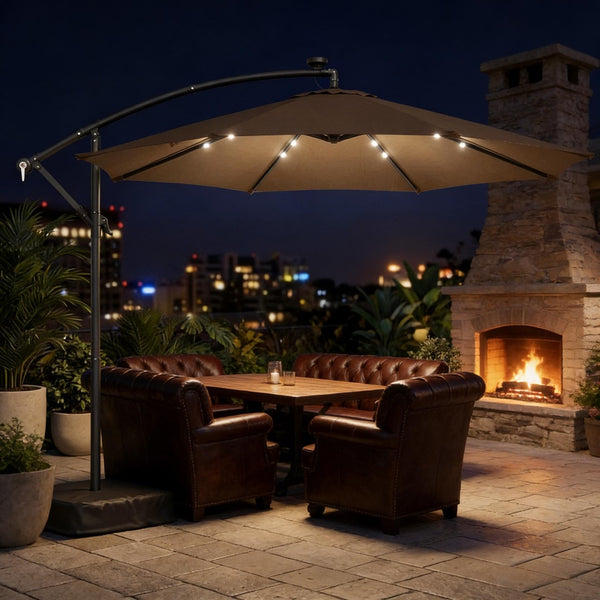 English Elm Garden Cantilever Patio Umbrella with Solar Led Lights and Upf30 Polyester Canopy Tan T3971P481990