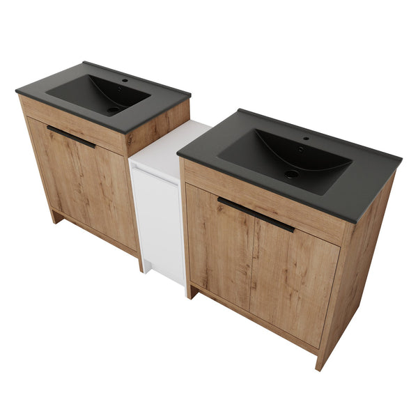 English Elm 72 Inch Freestanding Bathroom Vanity With Black Ceramic Sink, Soft-Close Doors & Ample Storage W999S00324