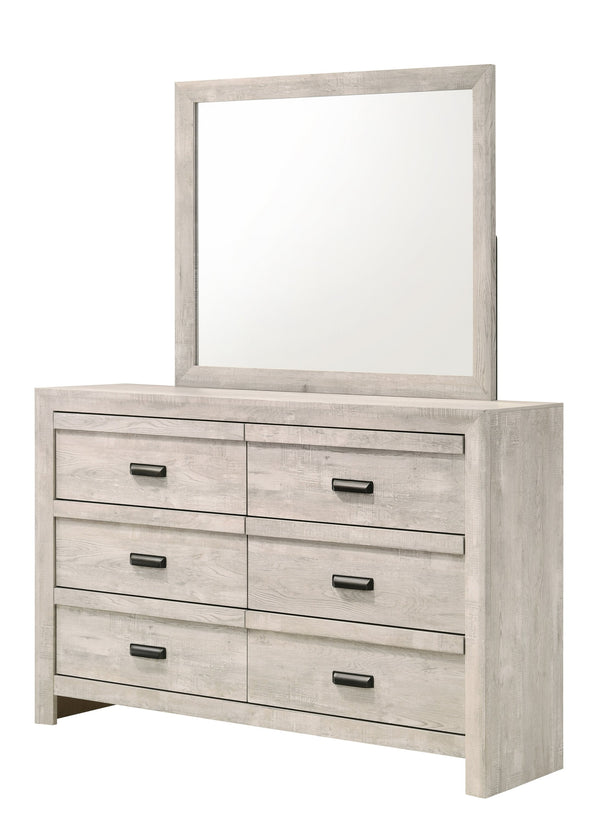 English Elm 1pc Contemporary Five-Drawer Chest with Wood Grain Finish, Slim Profile Storage Solution for Bedroom Beige Gray+White 61.16 L x 18.19 W x 41.81 H B011P368146