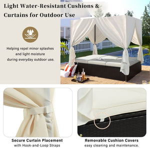English Elm U_style Outdoor Double Daybed Resort Canopy Lounge with Steel Frame and Adjustable Backrests Beige WY000476AAK