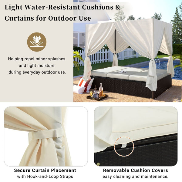 English Elm U_style Outdoor Double Daybed Resort Canopy Lounge with Steel Frame and Adjustable Backrests Beige WY000476AAK
