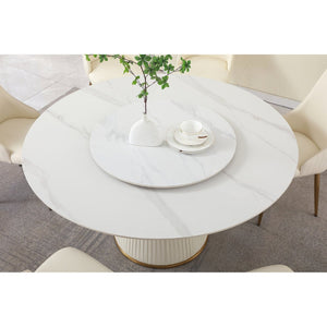 English Elm 59"modern Sintered Stone Round Dining Table Lazy Susan Pedestal Base with 4 Chairs W509S00165