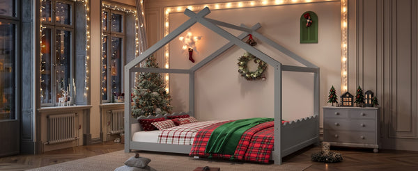 English Elm Queen House Bed Frame Solid Pine Low Profile Montessori Floor Design for Kids Room W1580P387854