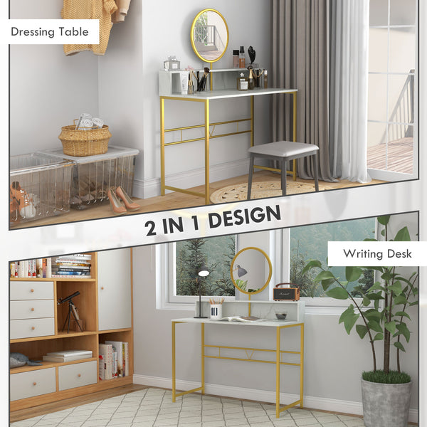 English Elm HOMCOM Faux Marble Vanity Desk with Rotating Mirror, Open Storage, Gold Steel Frame for Bedroom W2225P217016