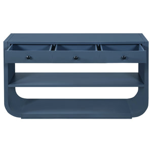 English Elm [video] Sculptural Console Table Pine Wood Curved Legs Soft-close Drawers Open Shelving Entryway Blue N759P433560C