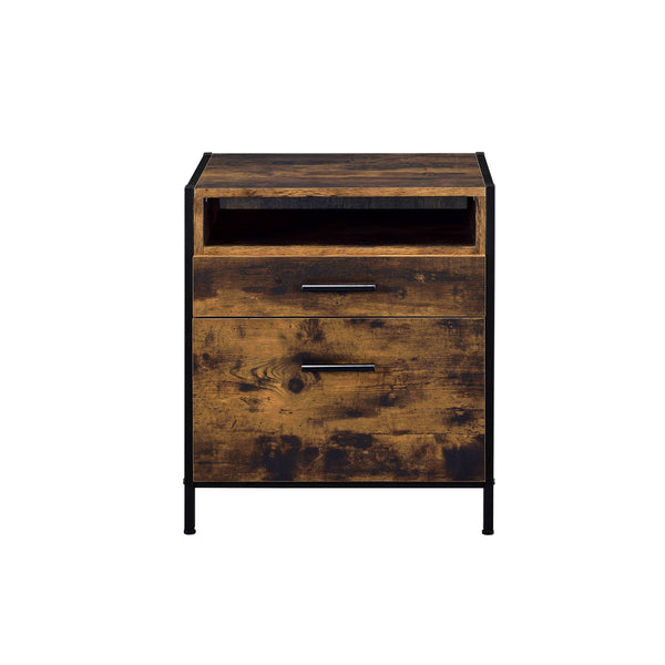 English Elm Juvanth Rustic Oak & Black Nightstand with Metal Frame, 2 Drawers + Open Shelf, Durable Modern Design B2726P261205