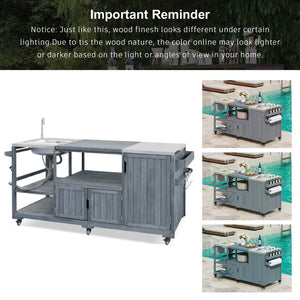 English Elm K&k Solid Fir Outdoor Kitchen Island with Sink Stainless Steel Top and Grill Cutout Grey+Blue N707S000022G
